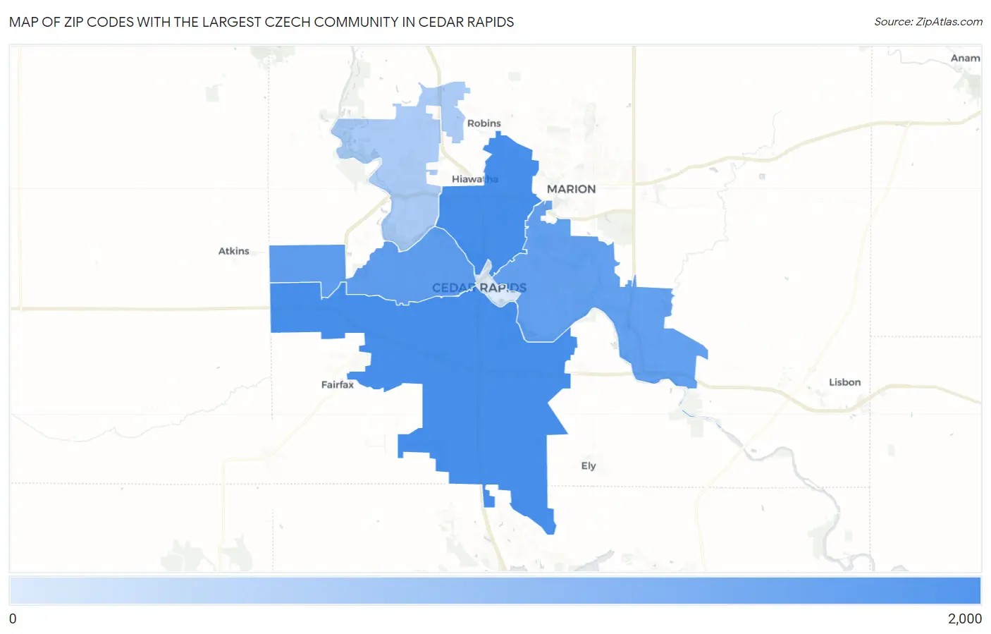 Zip Codes with the Largest Czech Community in Cedar Rapids Map