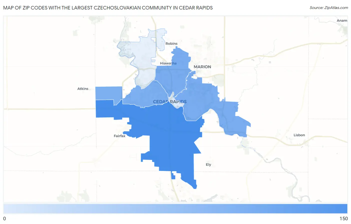 Zip Codes with the Largest Czechoslovakian Community in Cedar Rapids Map
