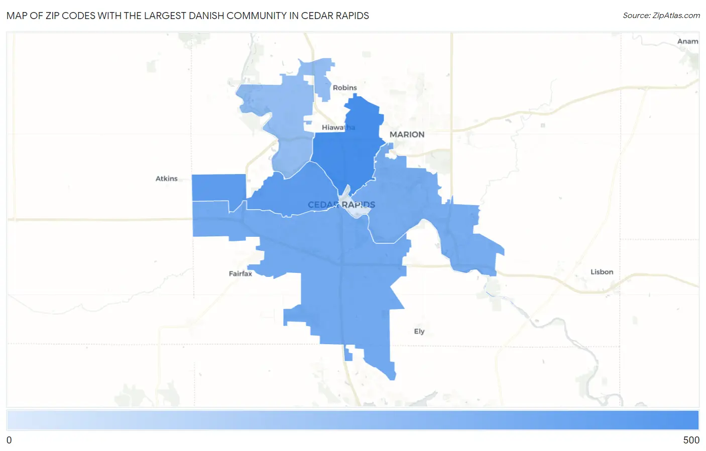Zip Codes with the Largest Danish Community in Cedar Rapids Map
