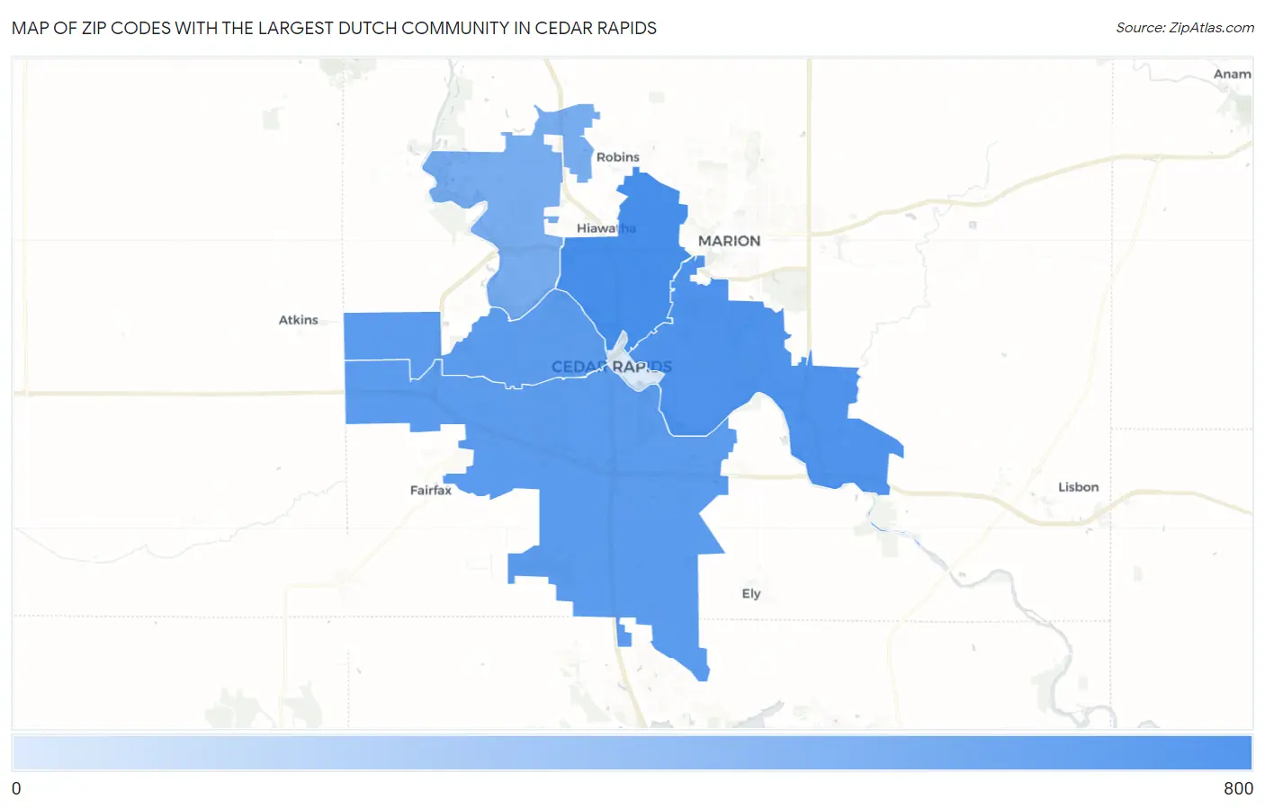 Zip Codes with the Largest Dutch Community in Cedar Rapids Map
