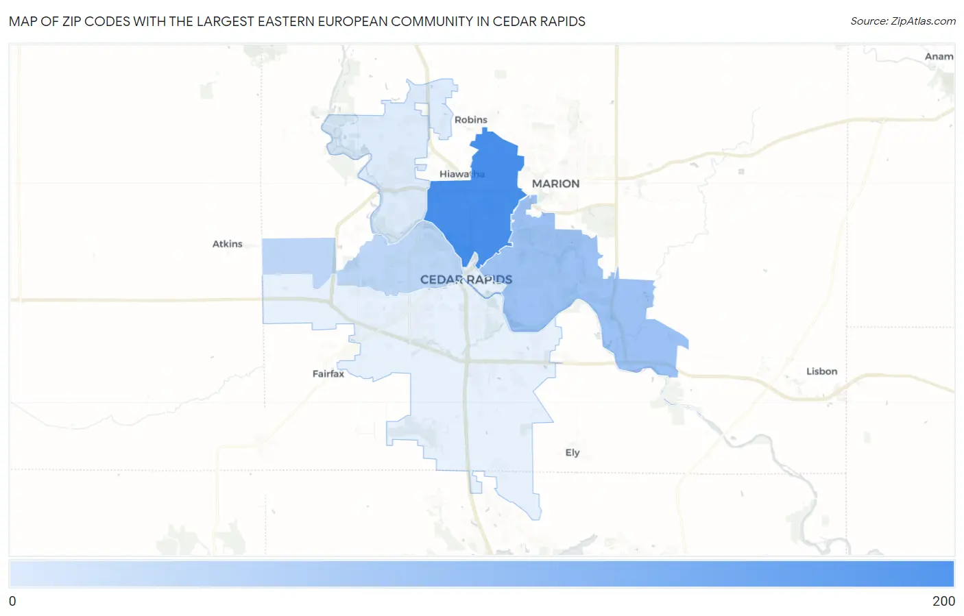 Zip Codes with the Largest Eastern European Community in Cedar Rapids Map