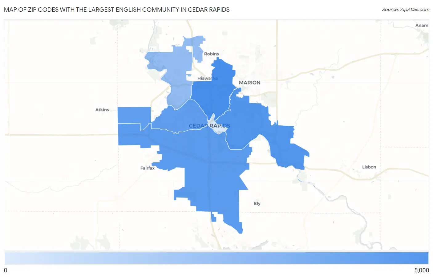 Zip Codes with the Largest English Community in Cedar Rapids Map