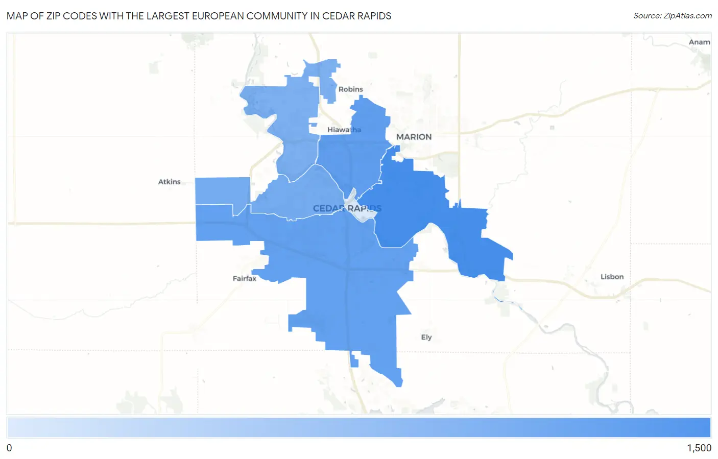 Zip Codes with the Largest European Community in Cedar Rapids Map