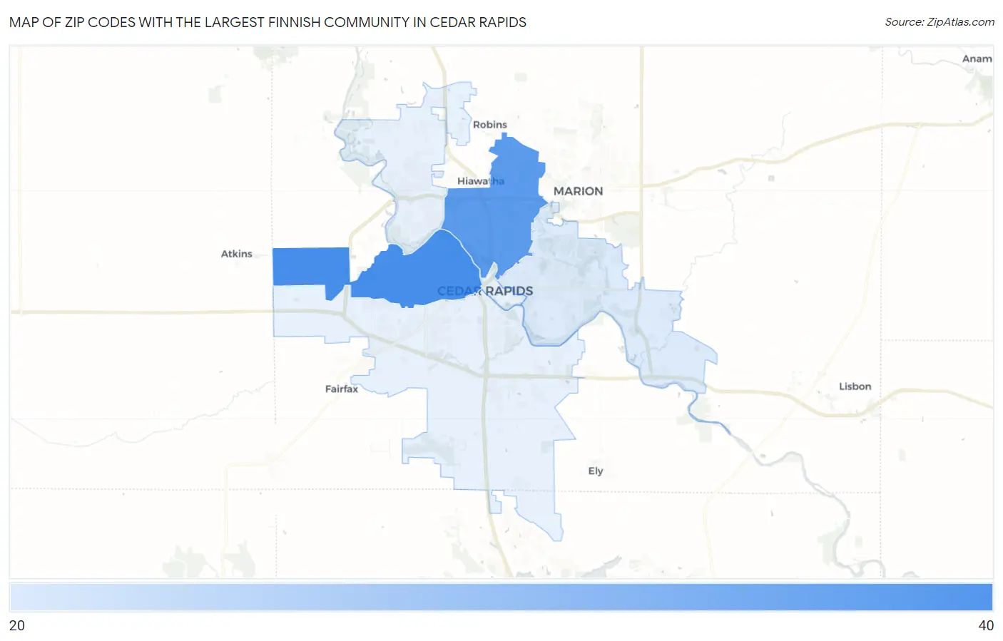 Zip Codes with the Largest Finnish Community in Cedar Rapids Map