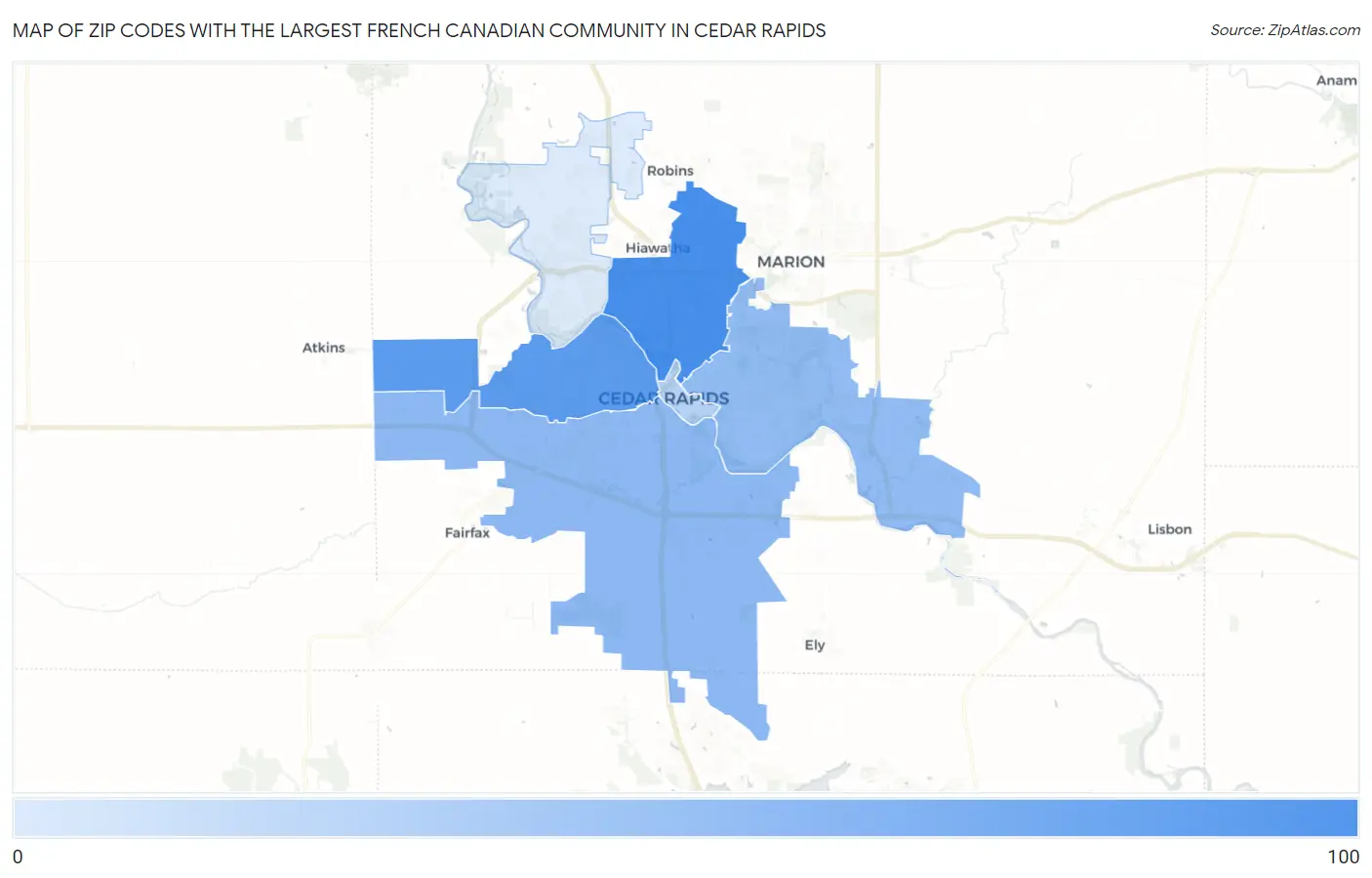 Zip Codes with the Largest French Canadian Community in Cedar Rapids Map