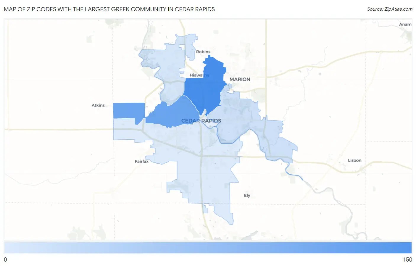 Zip Codes with the Largest Greek Community in Cedar Rapids Map
