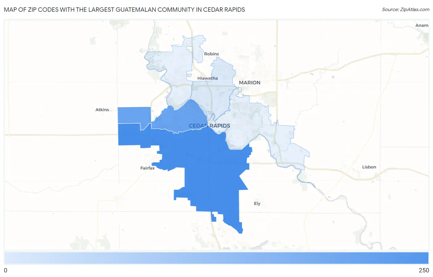 Zip Codes with the Largest Guatemalan Community in Cedar Rapids Map
