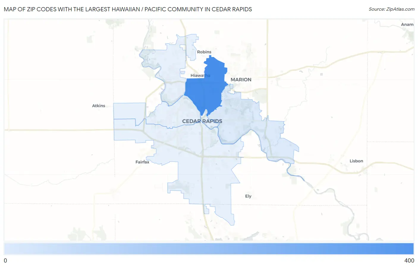 Zip Codes with the Largest Hawaiian / Pacific Community in Cedar Rapids Map