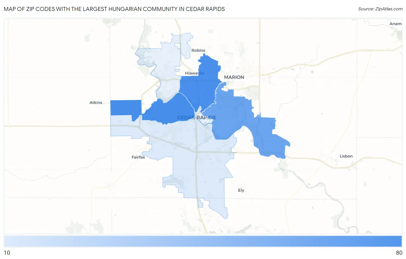 Zip Codes with the Largest Hungarian Community in Cedar Rapids Map