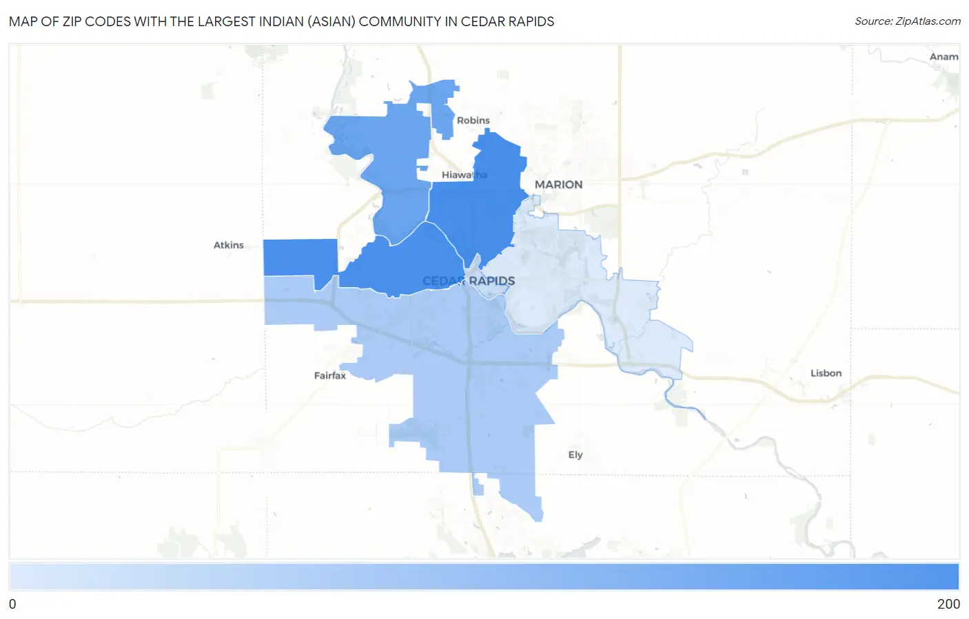 Zip Codes with the Largest Indian (Asian) Community in Cedar Rapids Map