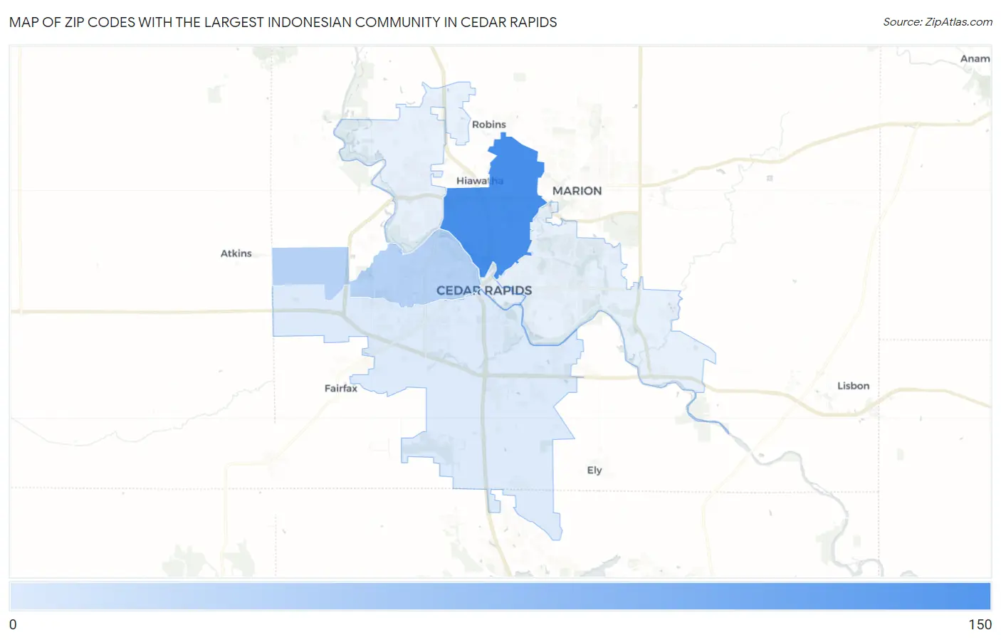 Zip Codes with the Largest Indonesian Community in Cedar Rapids Map