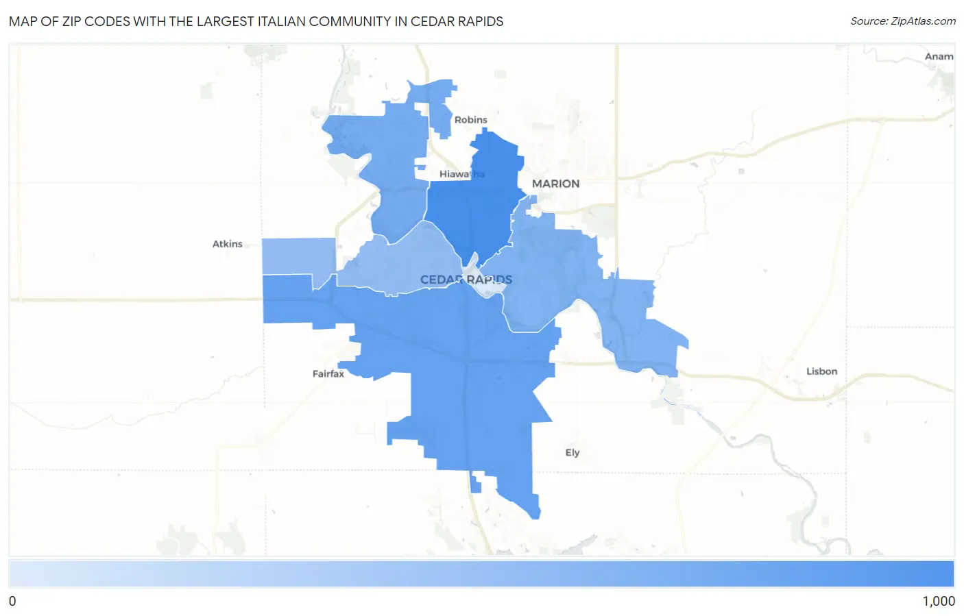 Zip Codes with the Largest Italian Community in Cedar Rapids Map