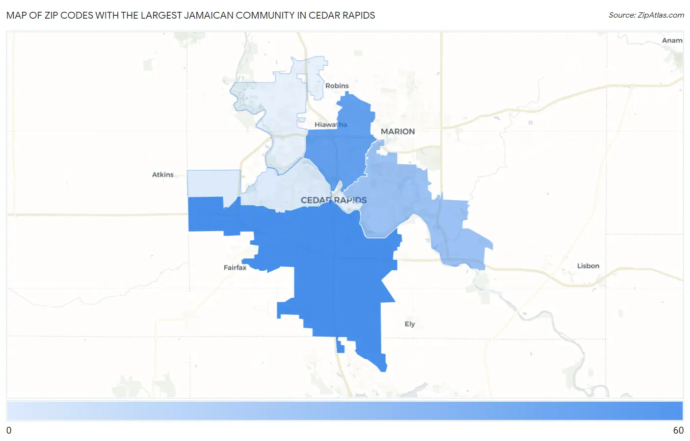 Zip Codes with the Largest Jamaican Community in Cedar Rapids Map