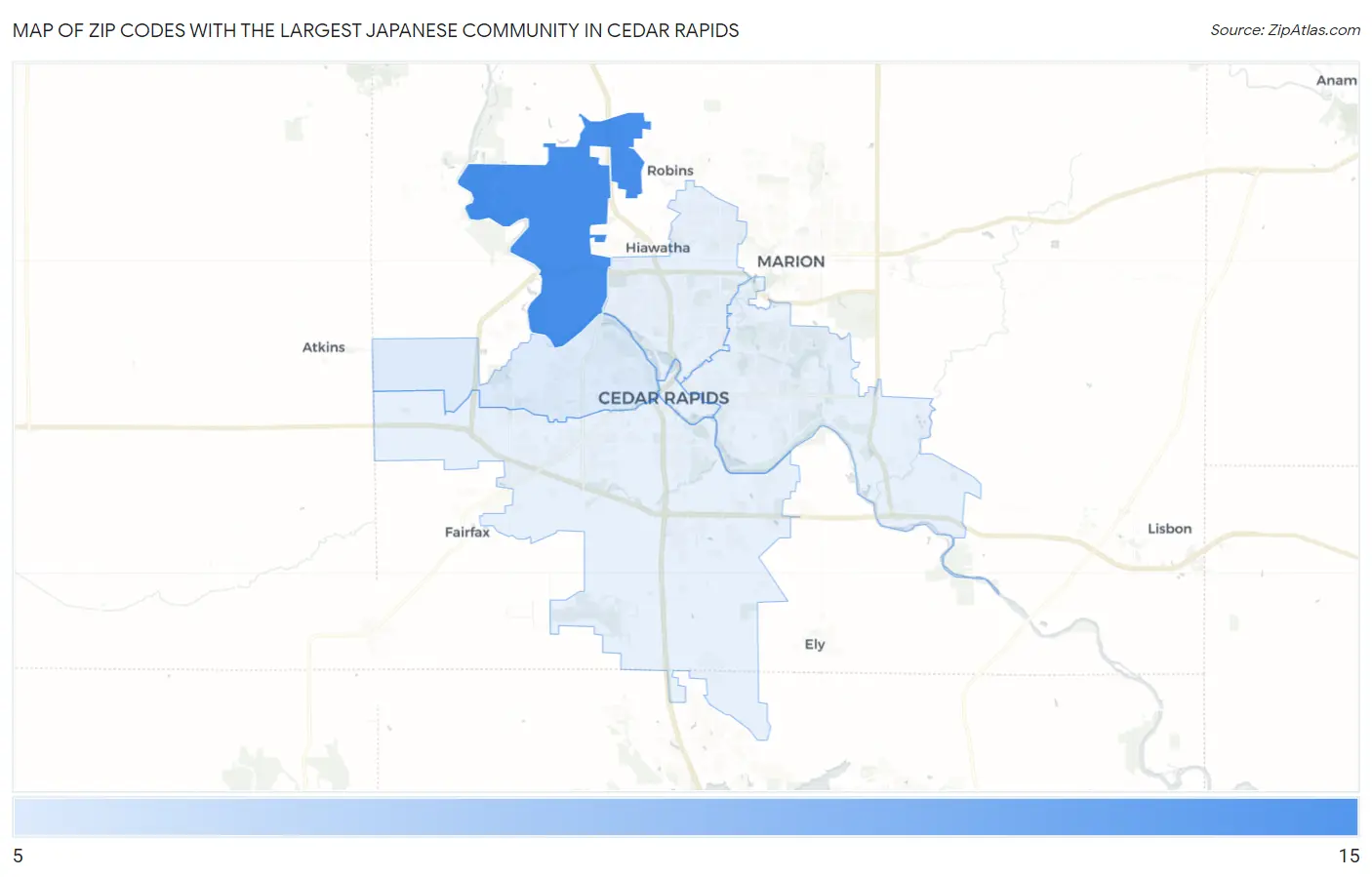 Zip Codes with the Largest Japanese Community in Cedar Rapids Map