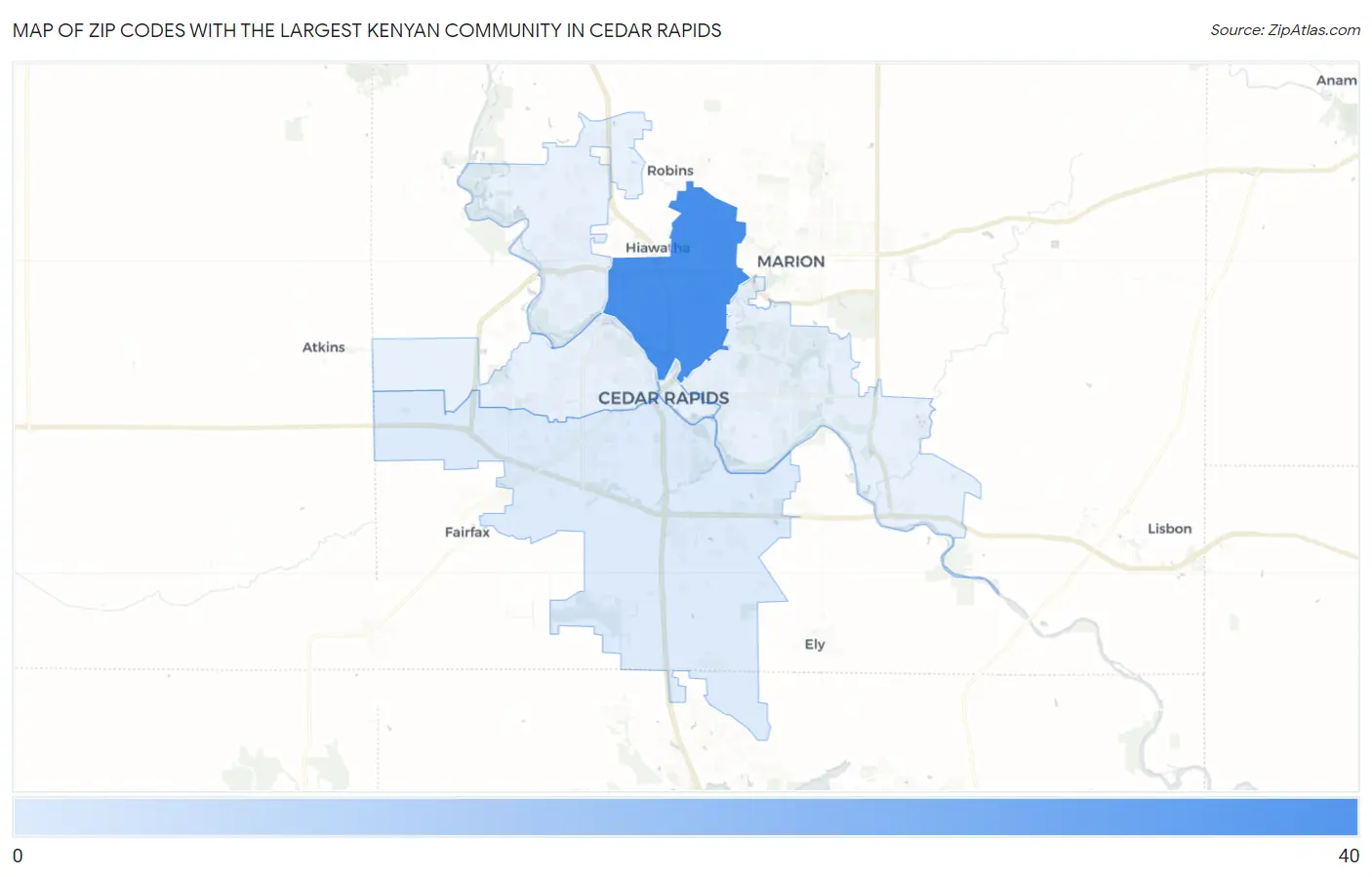 Zip Codes with the Largest Kenyan Community in Cedar Rapids Map