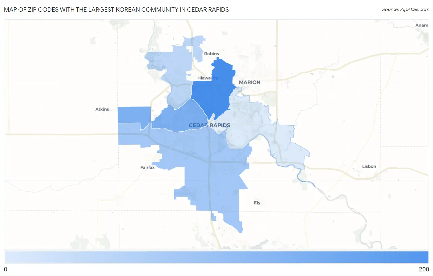 Zip Codes with the Largest Korean Community in Cedar Rapids Map