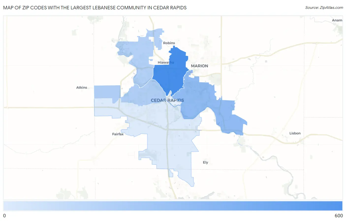Zip Codes with the Largest Lebanese Community in Cedar Rapids Map
