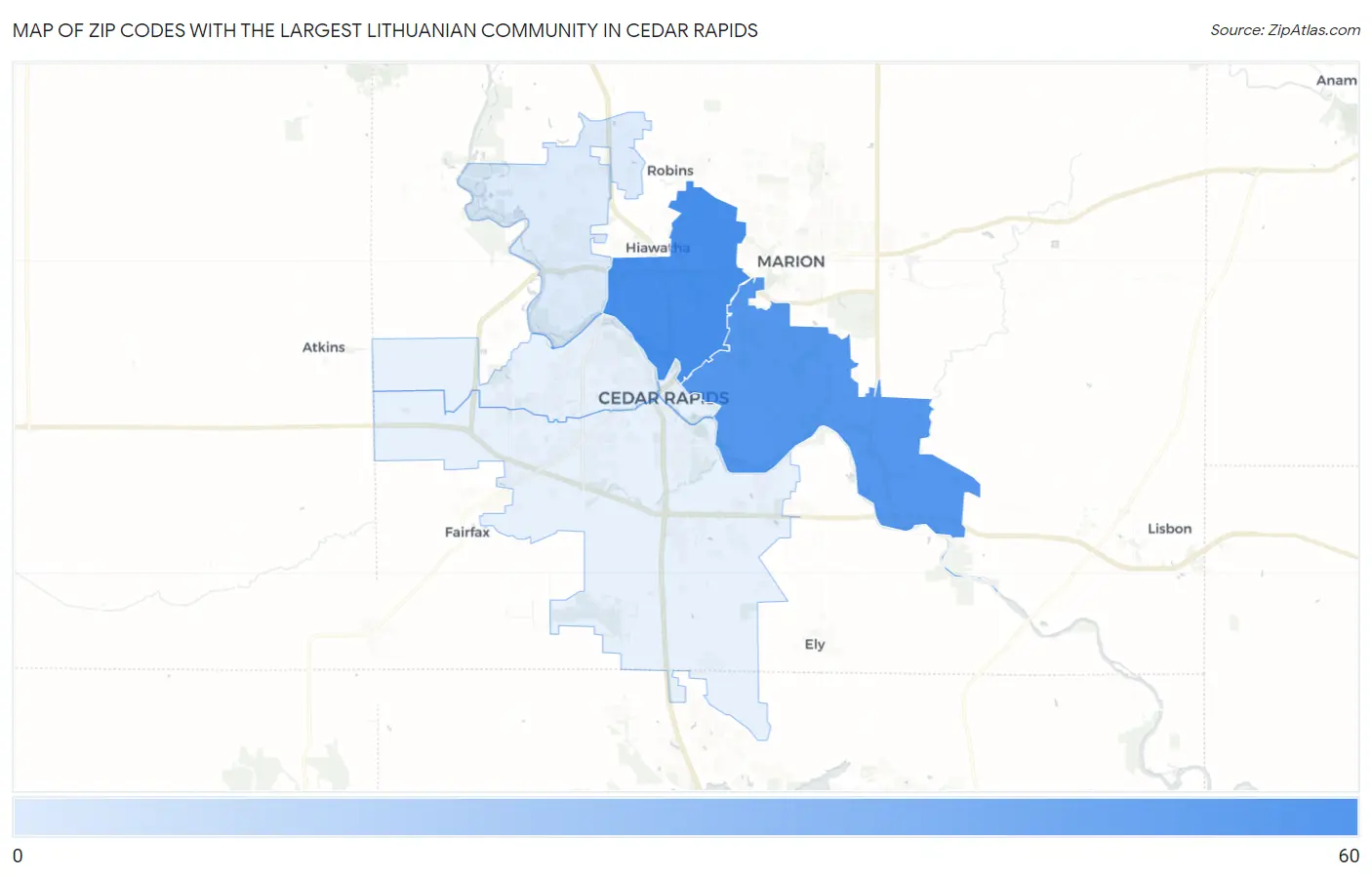 Zip Codes with the Largest Lithuanian Community in Cedar Rapids Map