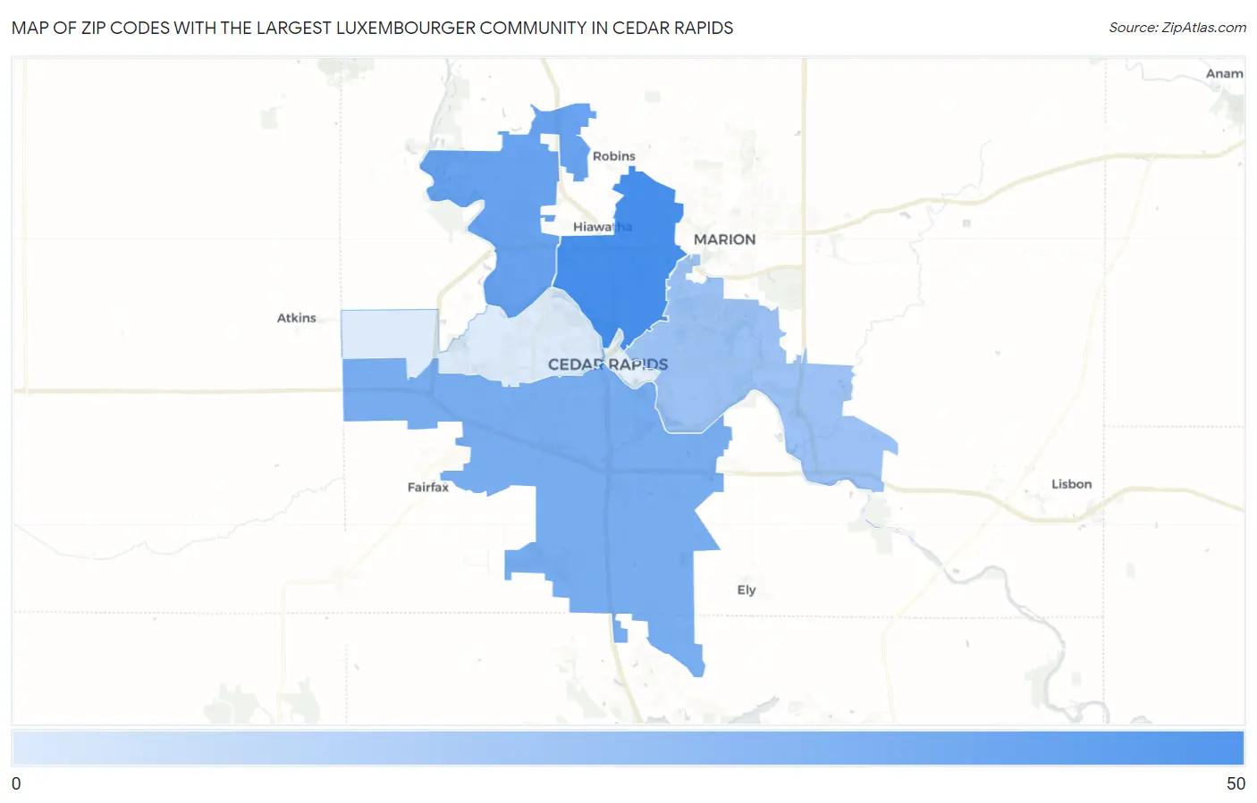 Zip Codes with the Largest Luxembourger Community in Cedar Rapids Map