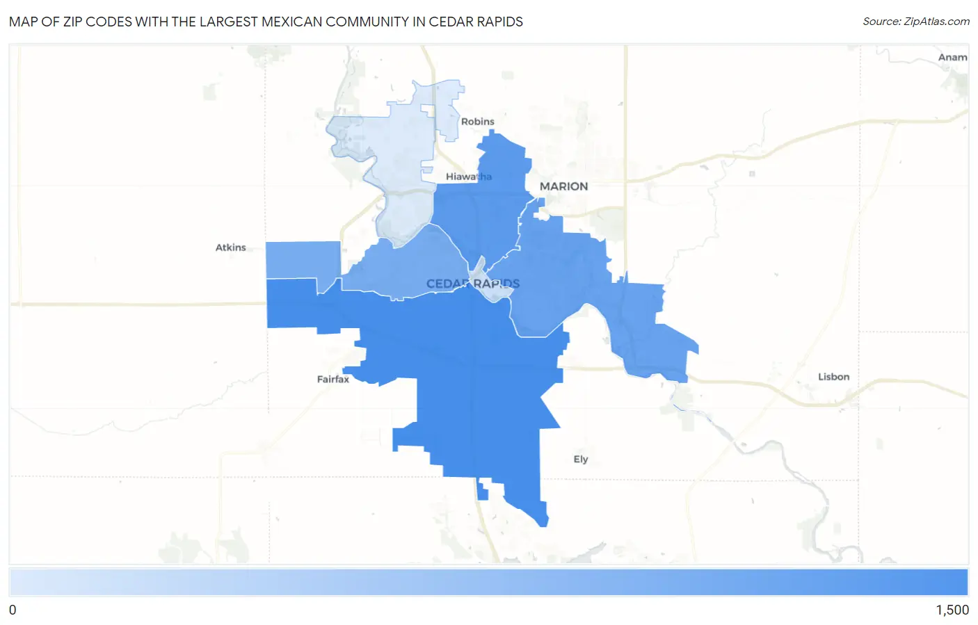 Zip Codes with the Largest Mexican Community in Cedar Rapids Map