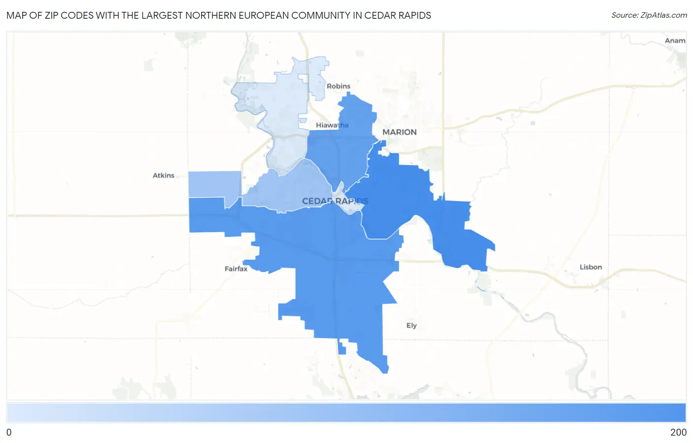 Zip Codes with the Largest Northern European Community in Cedar Rapids Map