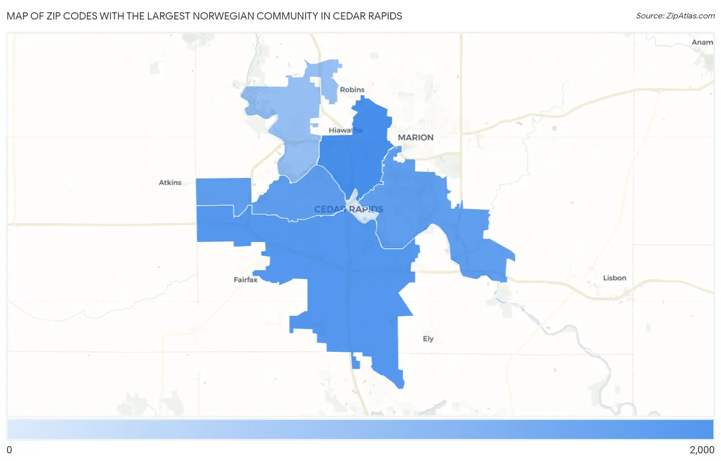 Zip Codes with the Largest Norwegian Community in Cedar Rapids Map