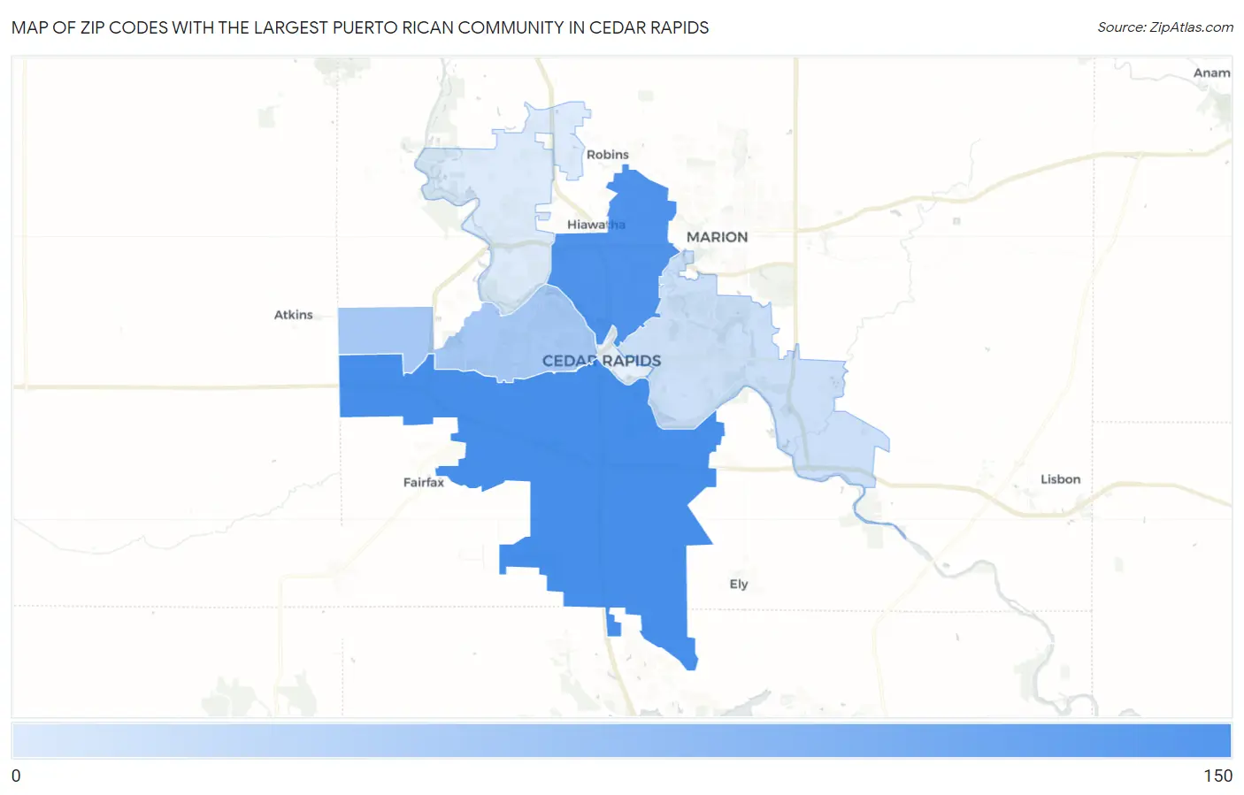 Zip Codes with the Largest Puerto Rican Community in Cedar Rapids Map