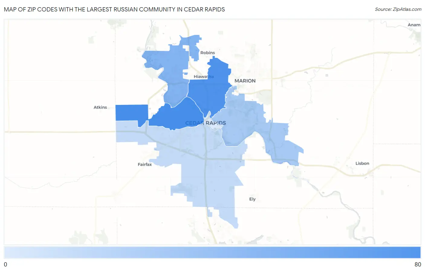 Zip Codes with the Largest Russian Community in Cedar Rapids Map