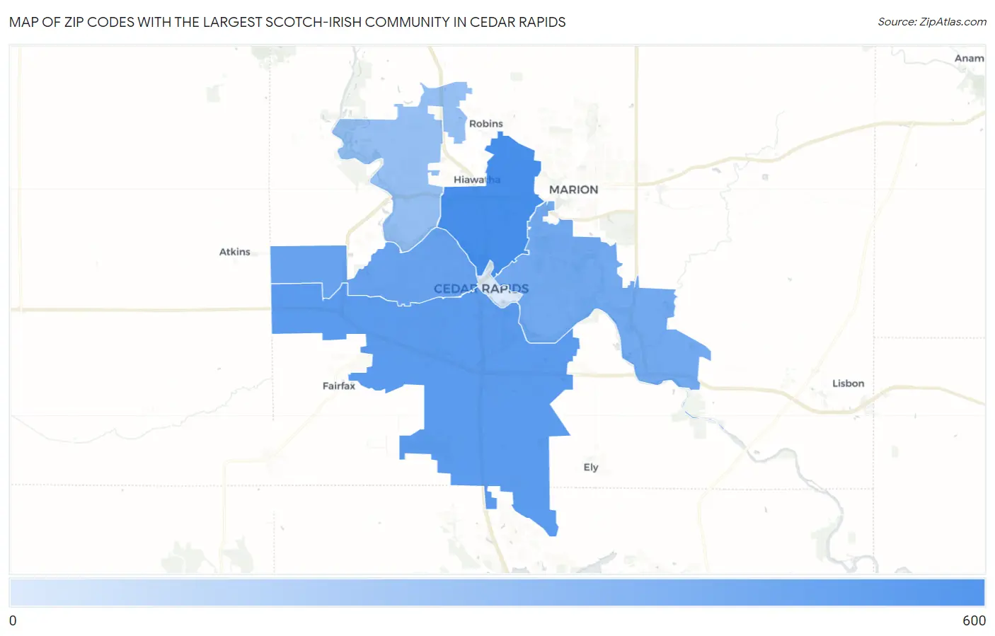 Zip Codes with the Largest Scotch-Irish Community in Cedar Rapids Map