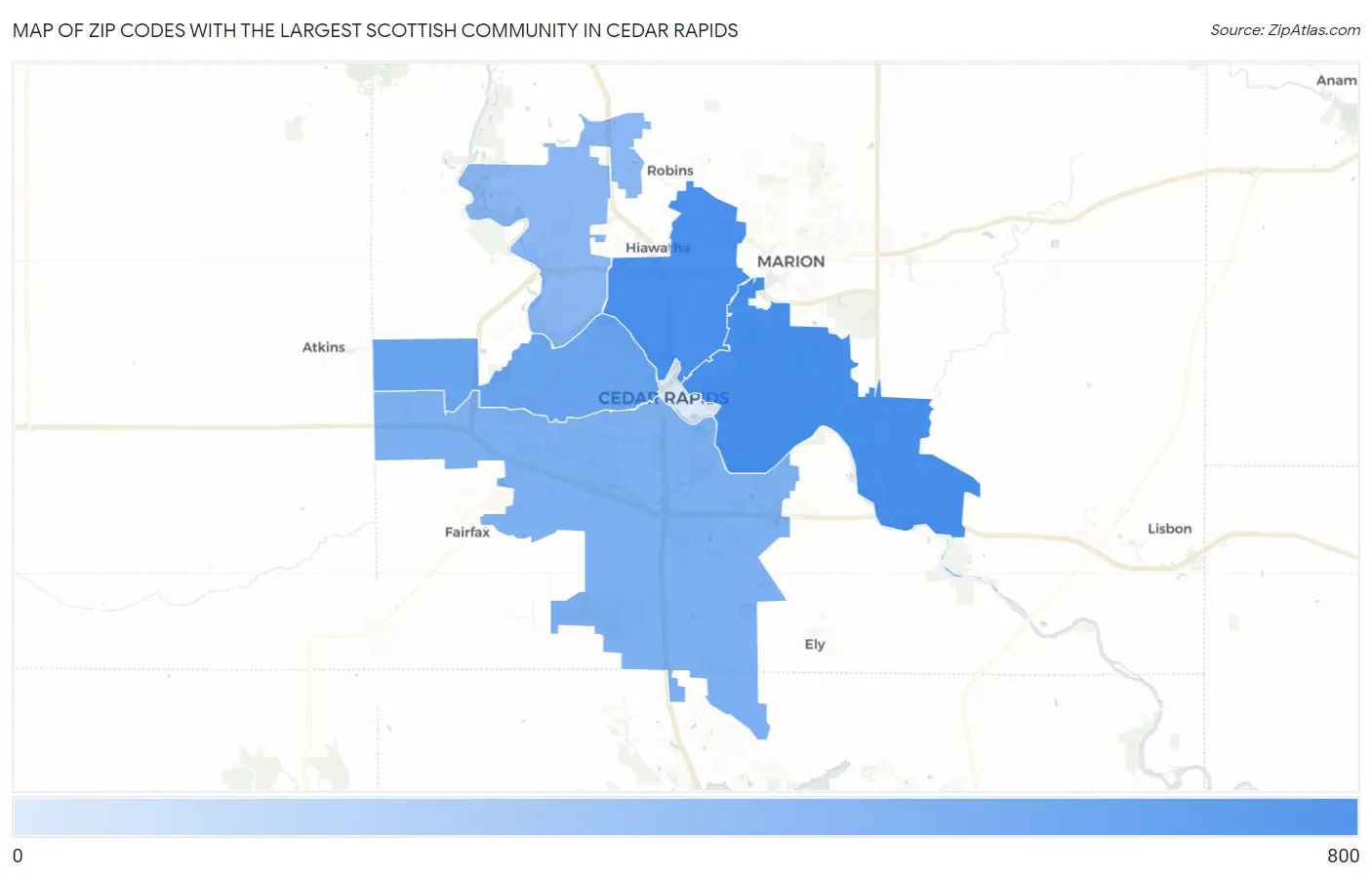 Zip Codes with the Largest Scottish Community in Cedar Rapids Map
