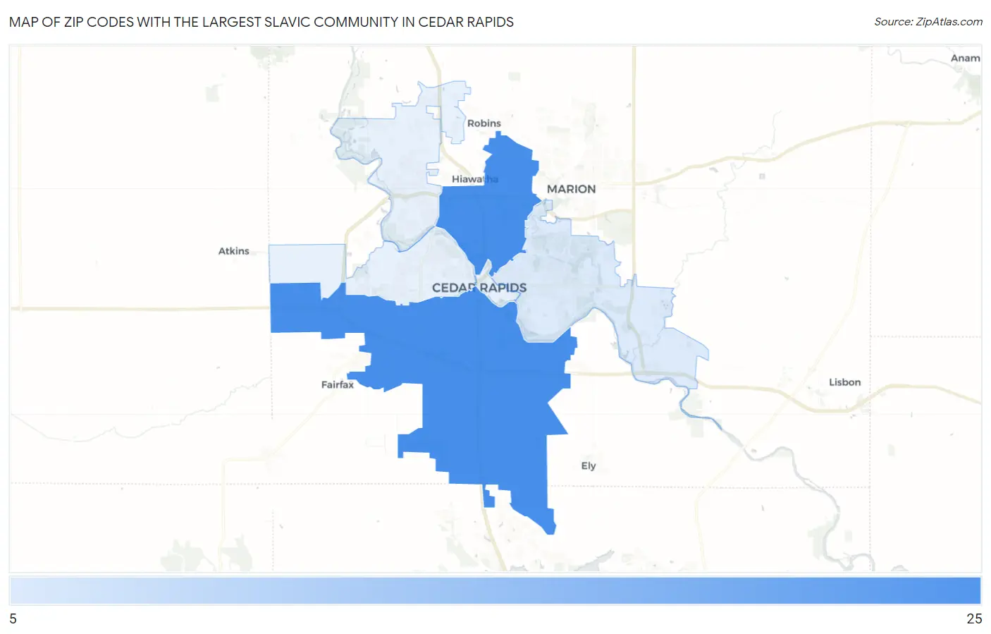 Zip Codes with the Largest Slavic Community in Cedar Rapids Map