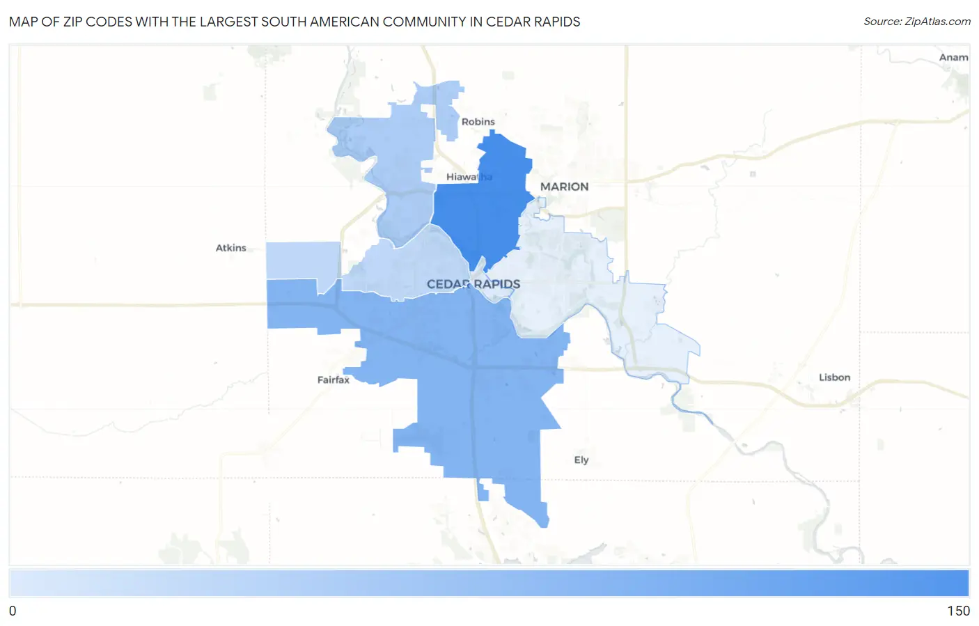 Zip Codes with the Largest South American Community in Cedar Rapids Map