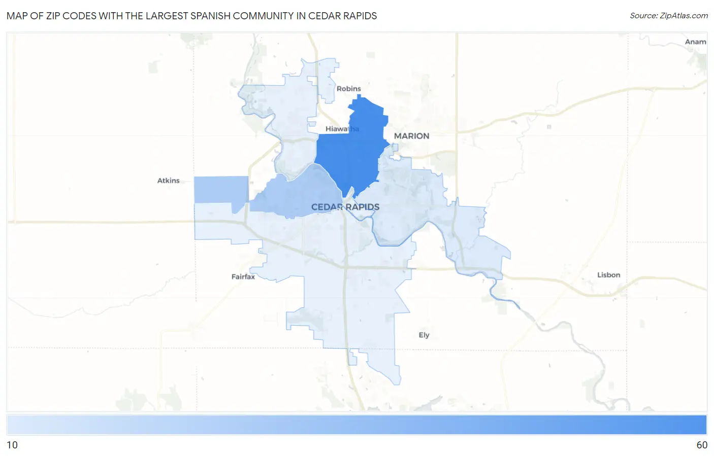 Zip Codes with the Largest Spanish Community in Cedar Rapids Map