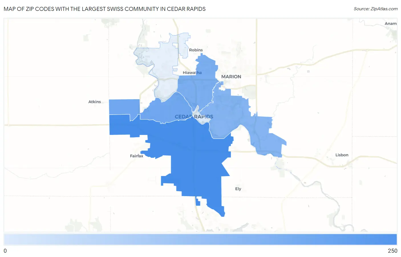 Zip Codes with the Largest Swiss Community in Cedar Rapids Map