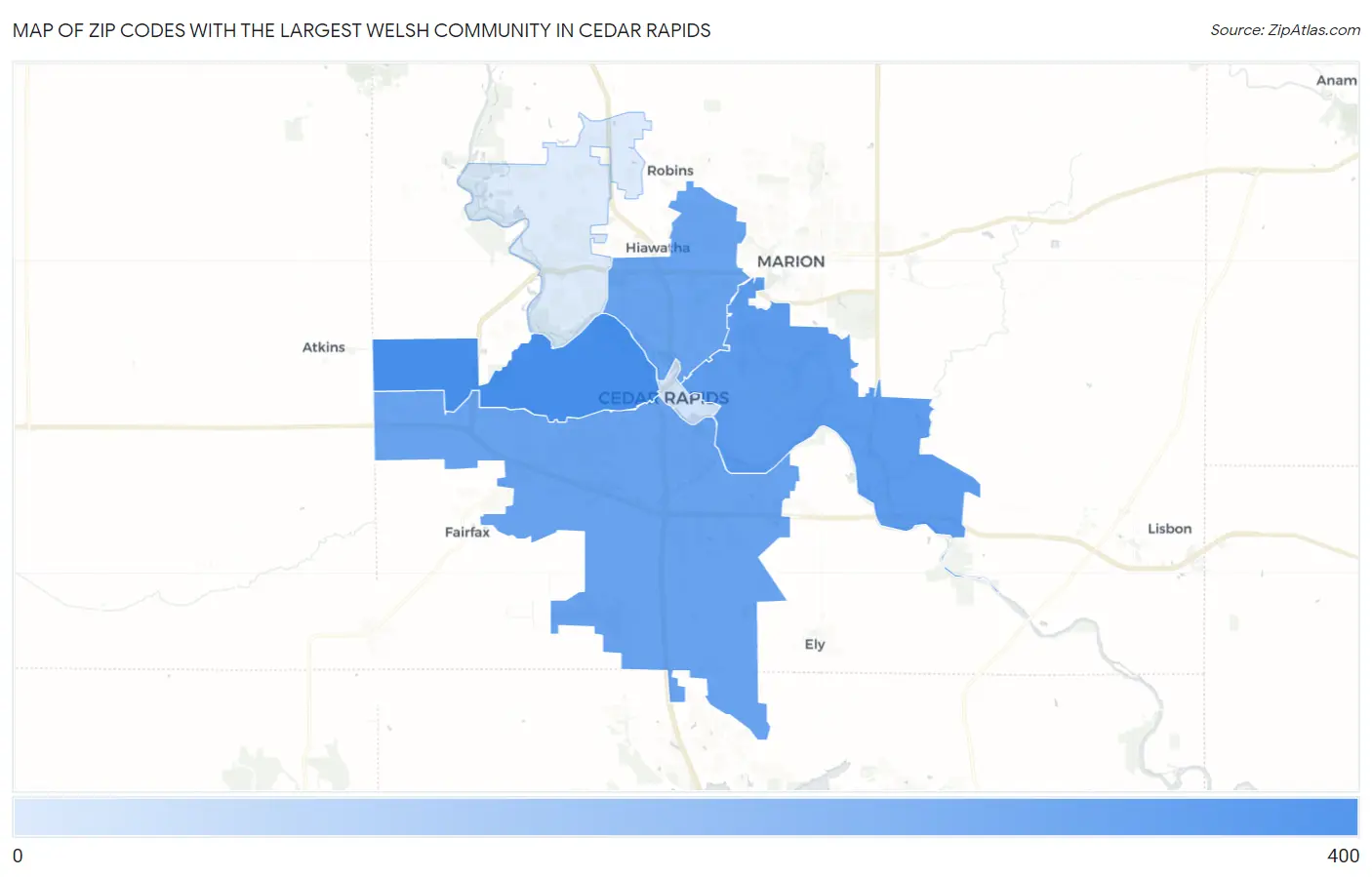 Zip Codes with the Largest Welsh Community in Cedar Rapids Map