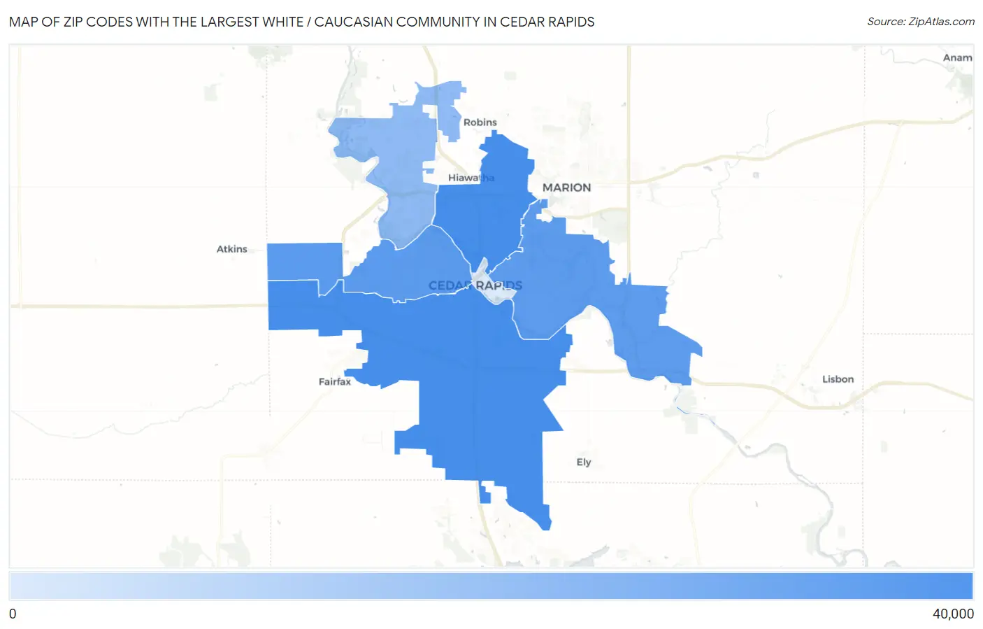 Zip Codes with the Largest White / Caucasian Community in Cedar Rapids Map