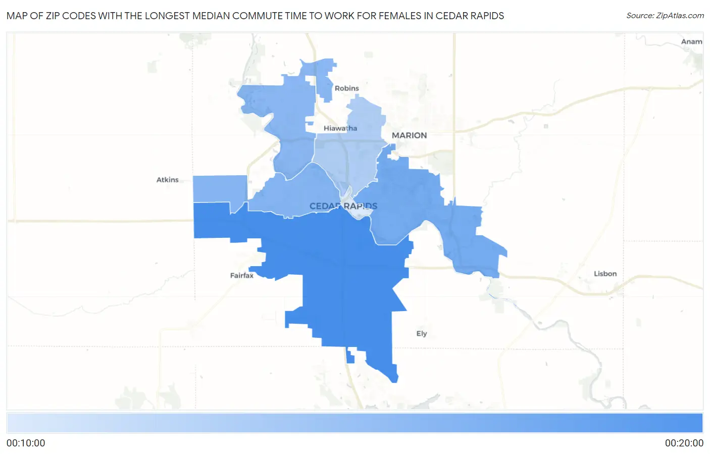 Zip Codes with the Longest Median Commute Time to Work for Females in Cedar Rapids Map
