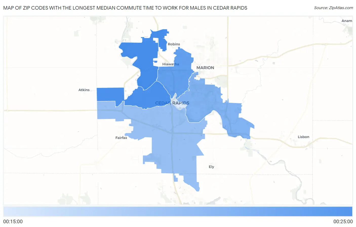 Zip Codes with the Longest Median Commute Time to Work for Males in Cedar Rapids Map
