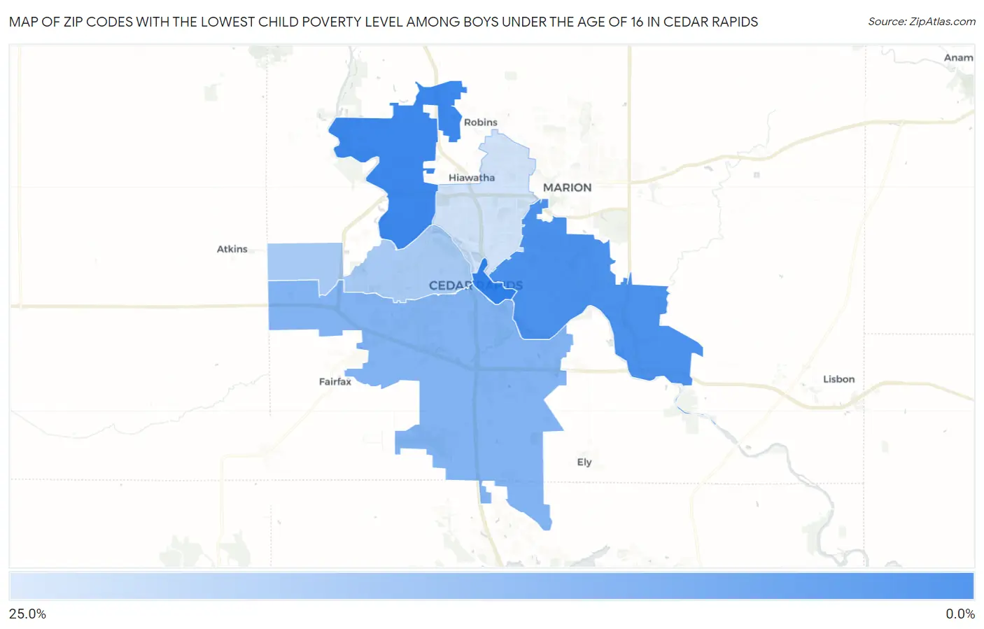 Zip Codes with the Lowest Child Poverty Level Among Boys Under the Age of 16 in Cedar Rapids Map