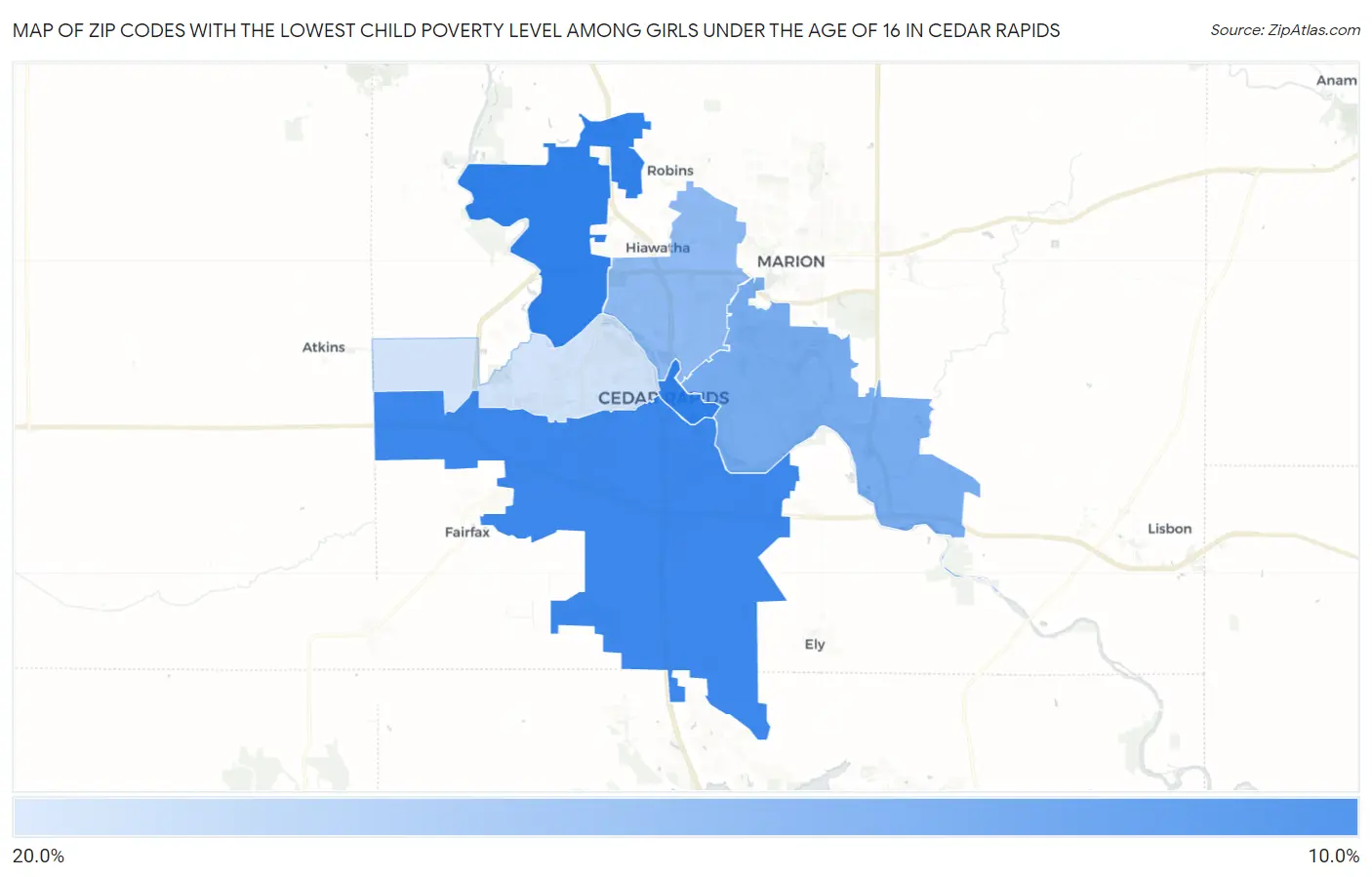 Zip Codes with the Lowest Child Poverty Level Among Girls Under the Age of 16 in Cedar Rapids Map