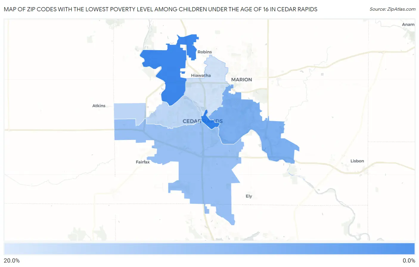 Zip Codes with the Lowest Poverty Level Among Children Under the Age of 16 in Cedar Rapids Map