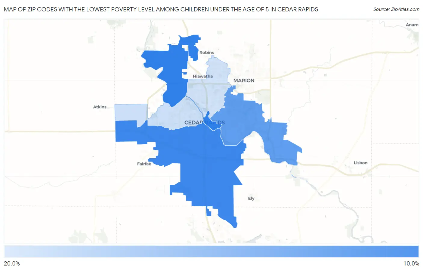 Zip Codes with the Lowest Poverty Level Among Children Under the Age of 5 in Cedar Rapids Map