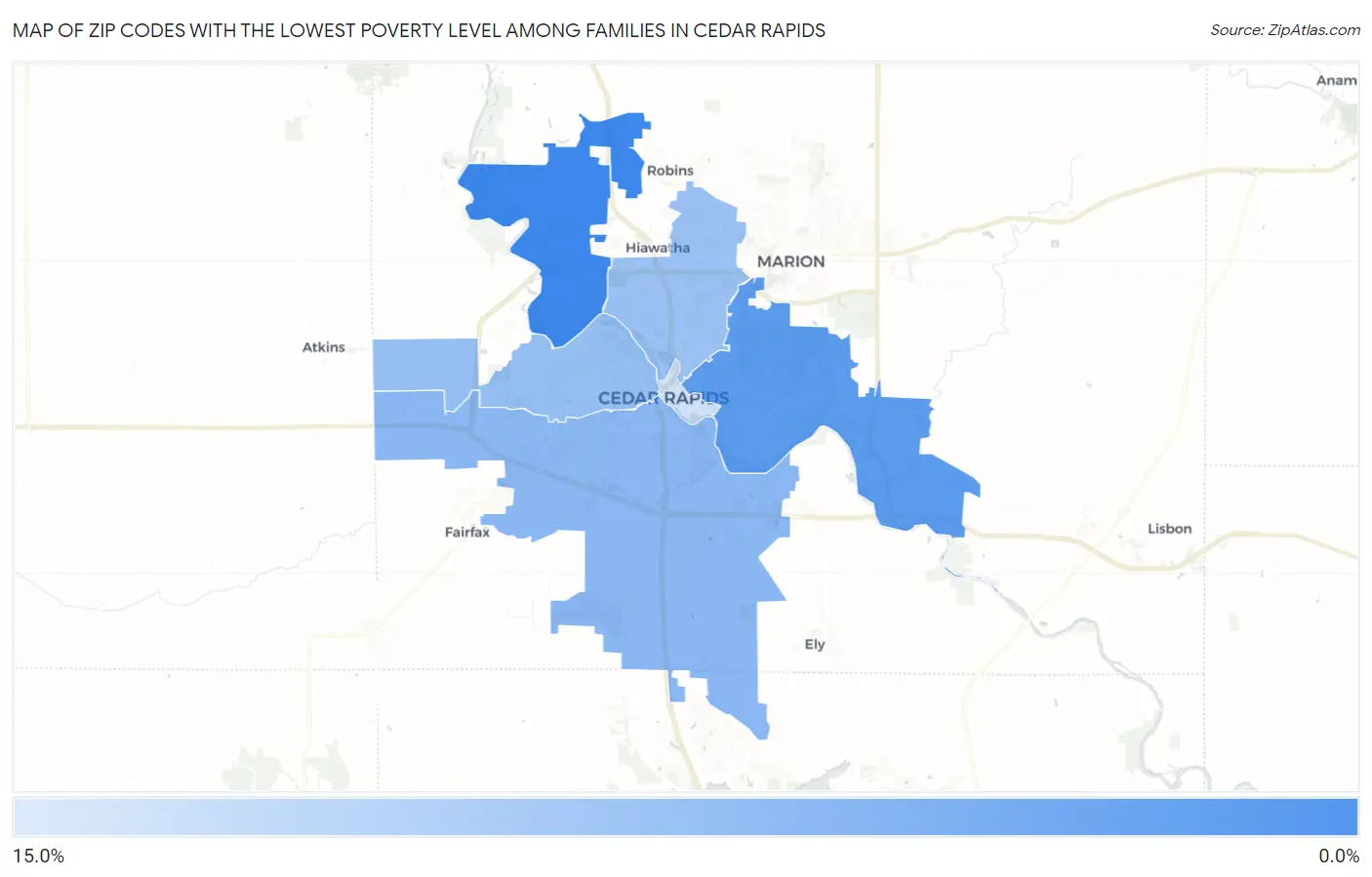 Zip Codes with the Lowest Poverty Level Among Families in Cedar Rapids Map