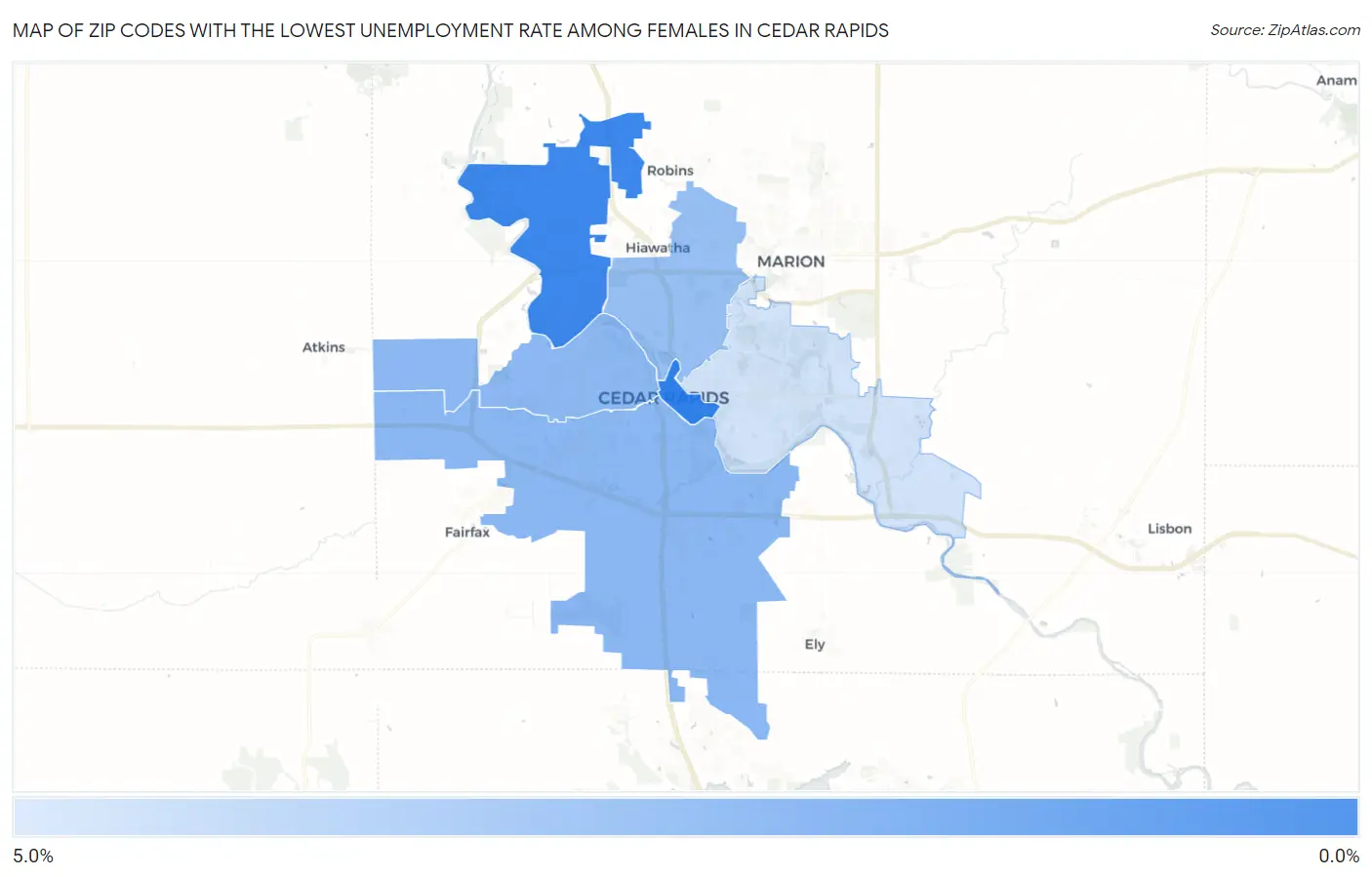 Zip Codes with the Lowest Unemployment Rate Among Females in Cedar Rapids Map