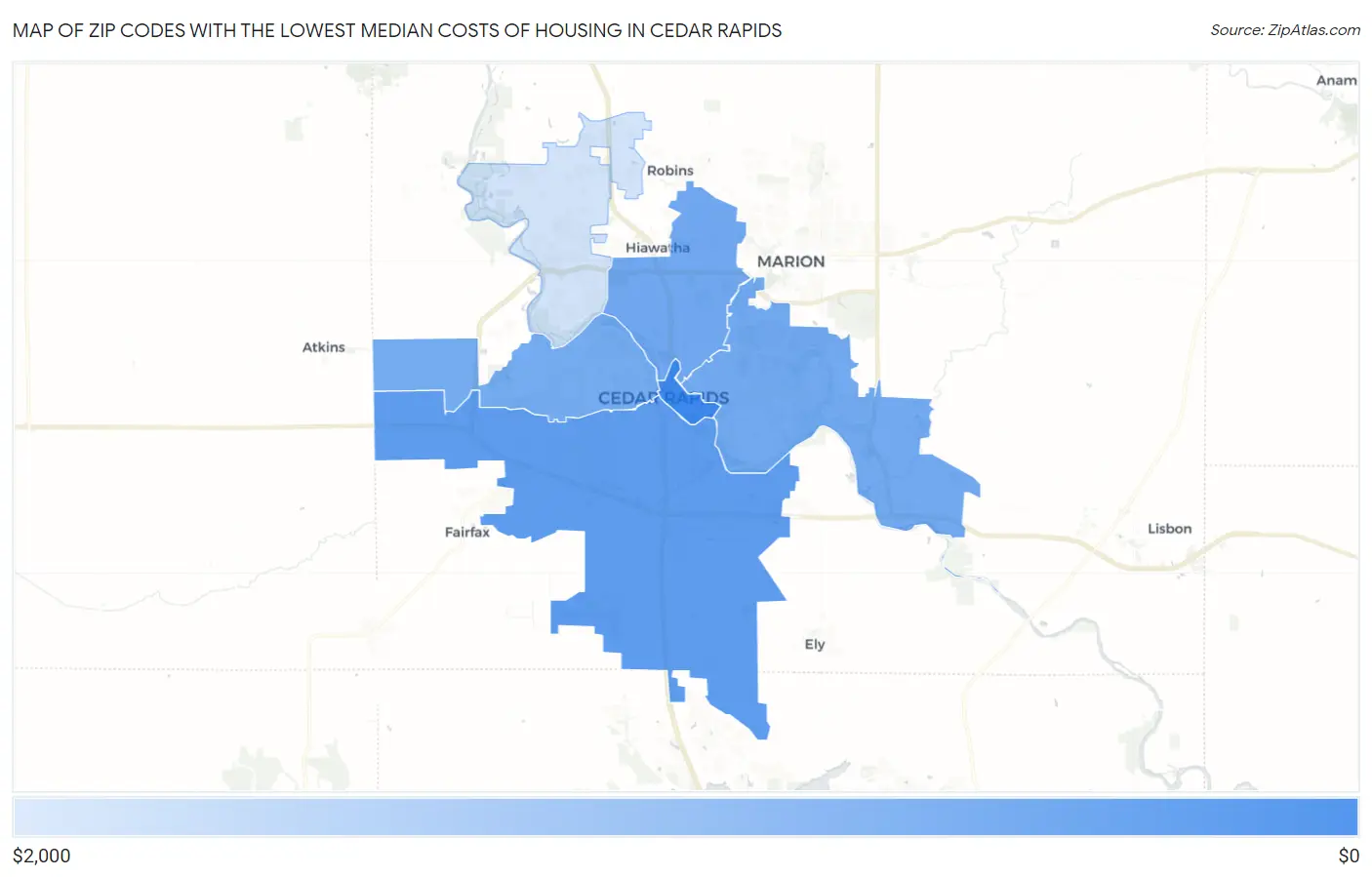 Zip Codes with the Lowest Median Costs of Housing in Cedar Rapids Map