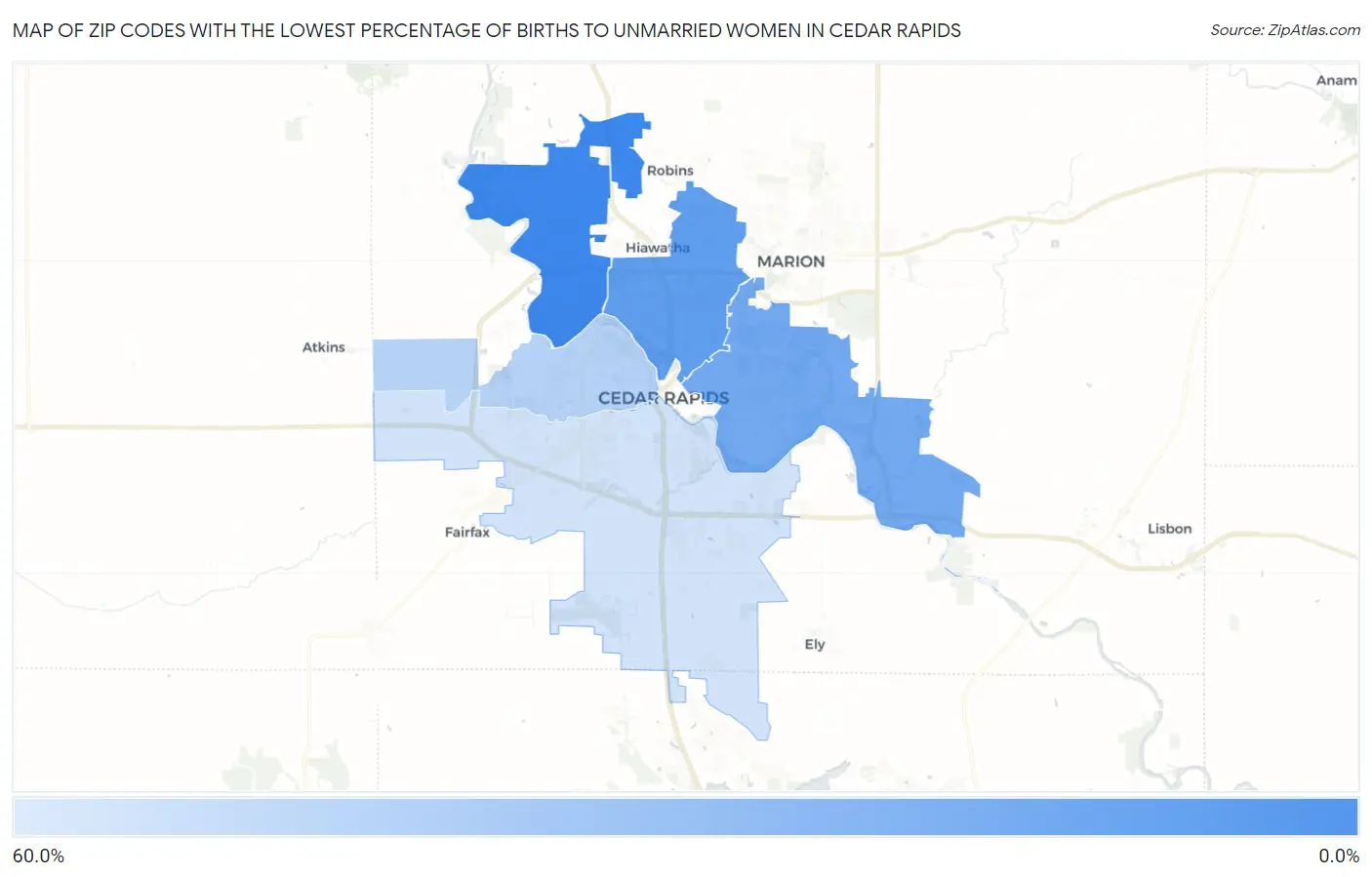 Zip Codes with the Lowest Percentage of Births to Unmarried Women in Cedar Rapids Map