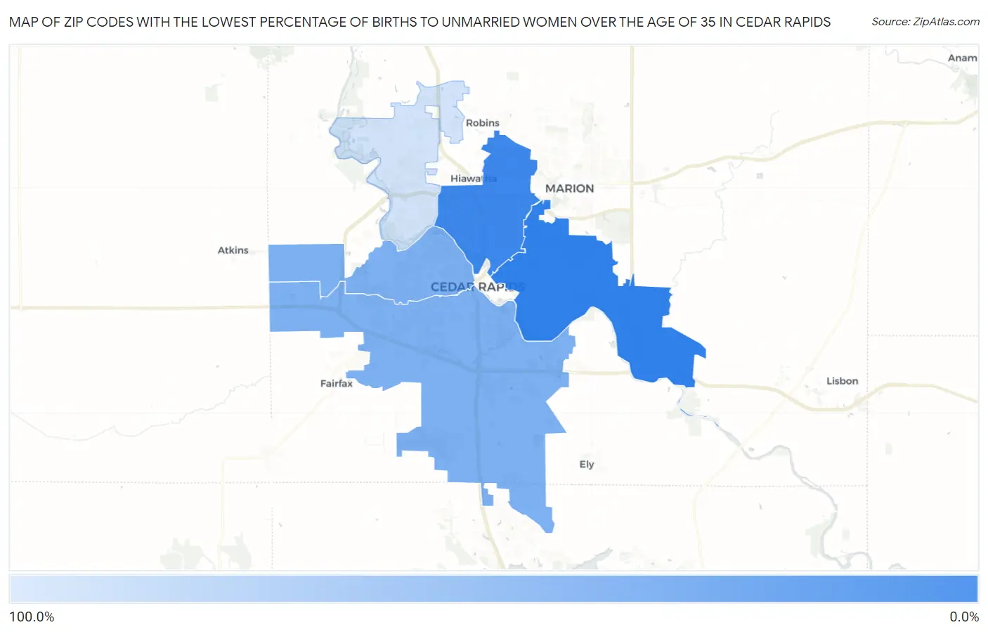 Zip Codes with the Lowest Percentage of Births to Unmarried Women over the Age of 35 in Cedar Rapids Map