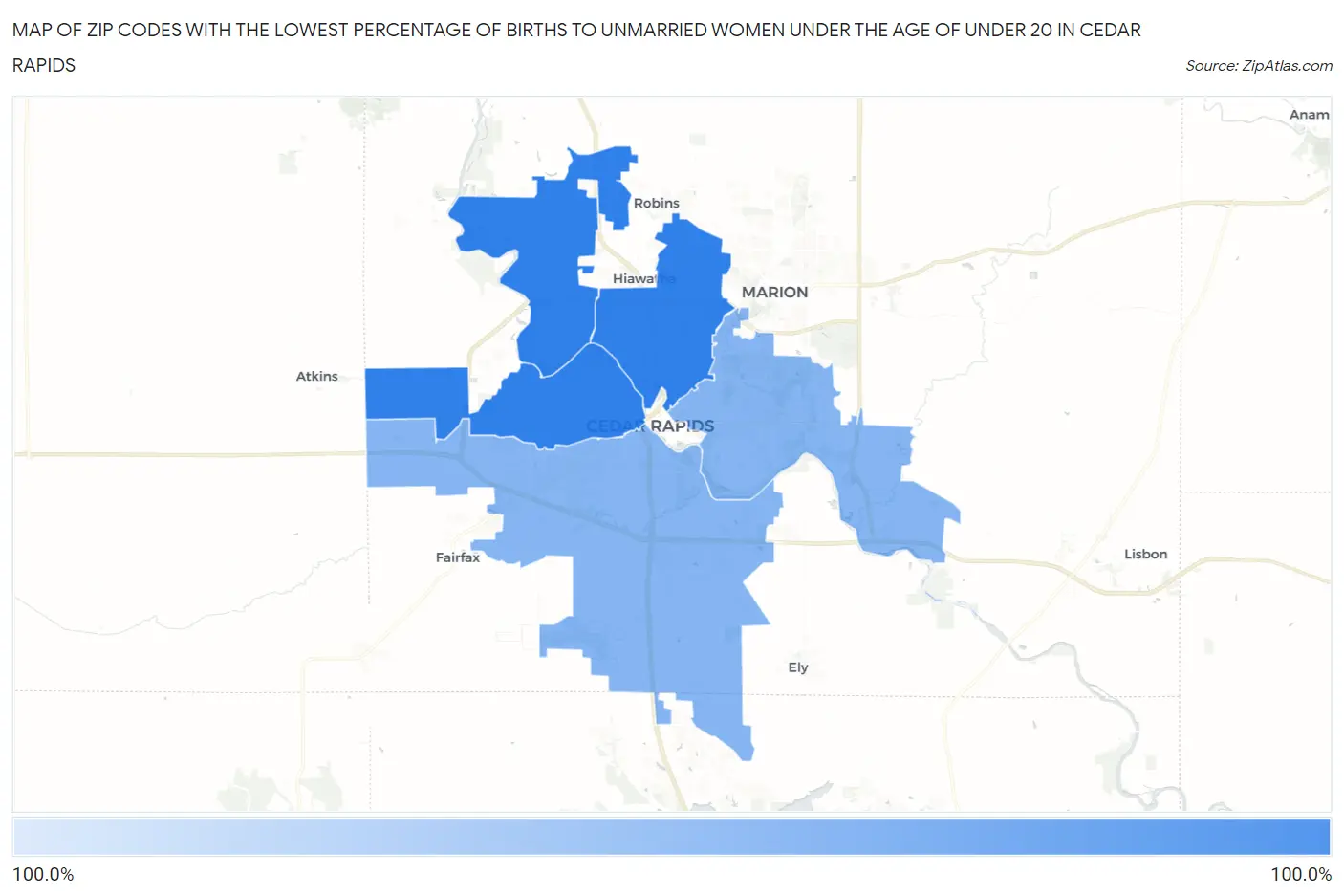 Zip Codes with the Lowest Percentage of Births to Unmarried Women under the Age of under 20 in Cedar Rapids Map