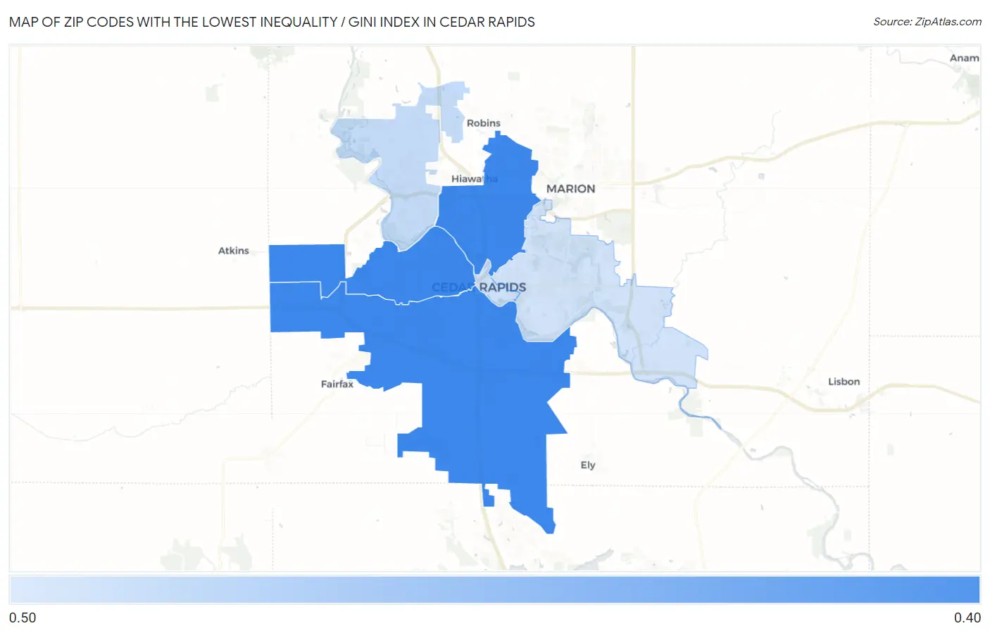 Zip Codes with the Lowest Inequality / Gini Index in Cedar Rapids Map