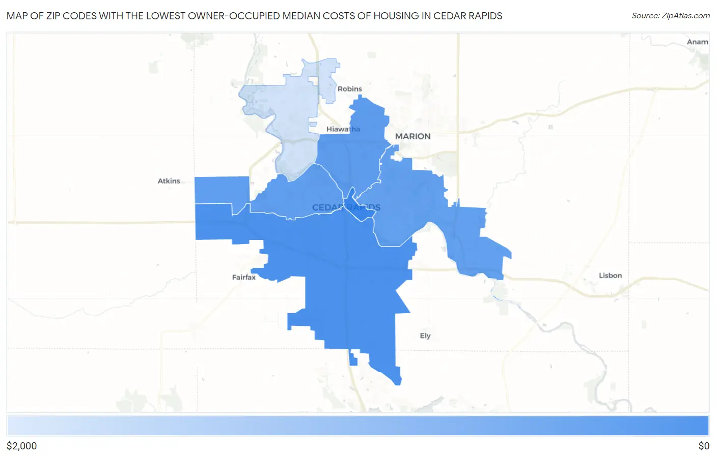 Zip Codes with the Lowest Owner-Occupied Median Costs of Housing in Cedar Rapids Map